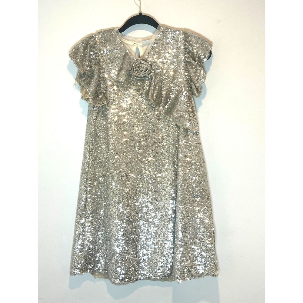 Zara Silver Sequins Dress Girls Size 13/14 Floral Ruffle Detail Party Dress